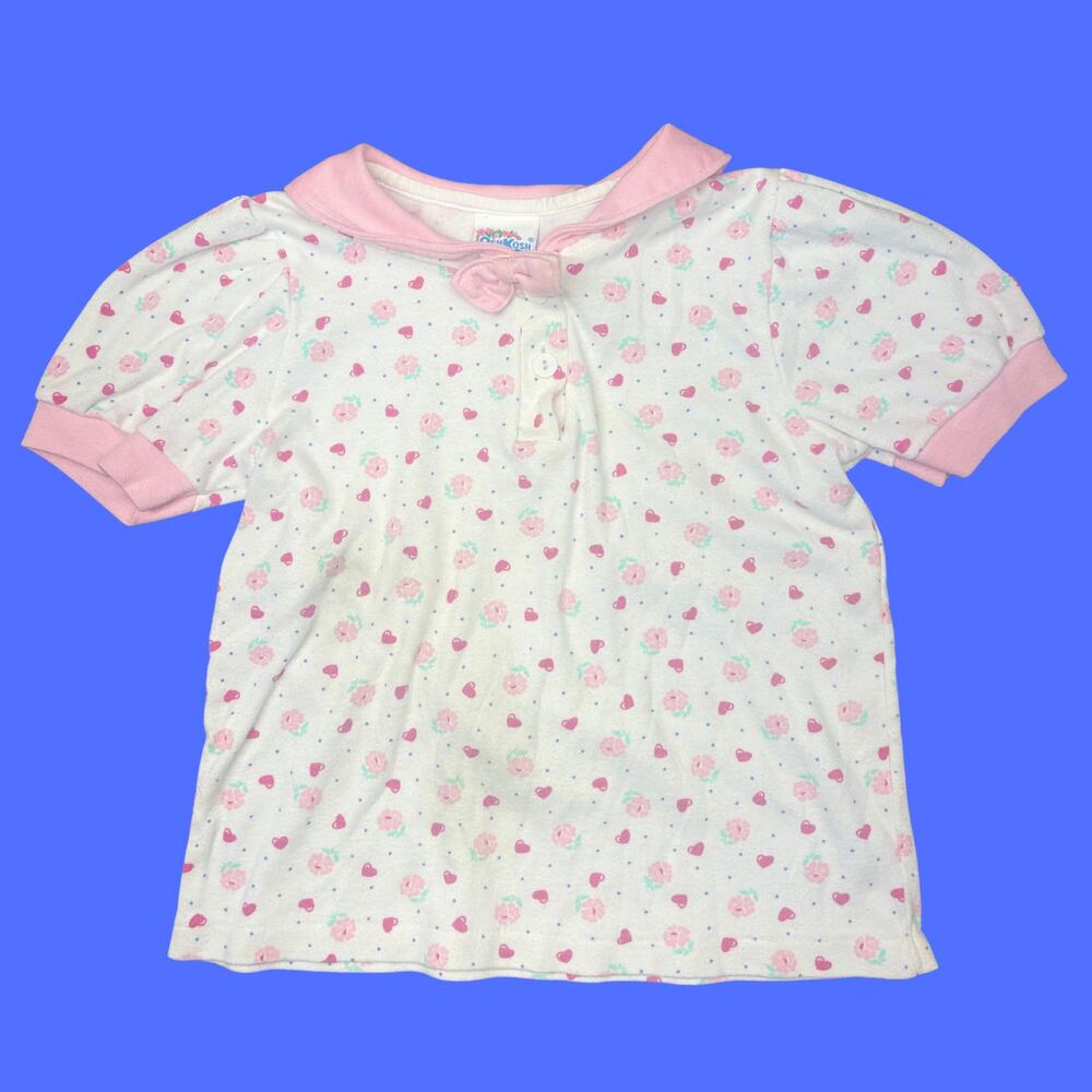 Vintage USA Made OshKosh B'gosh Top Girls 6 Pink Heart Floral Sailor Collar RARE
